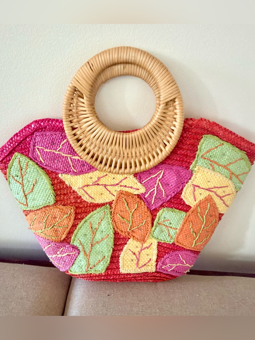 Vintage 1990s Donna Dixon Straw Tote Bag featuring a Mod Leaf Design